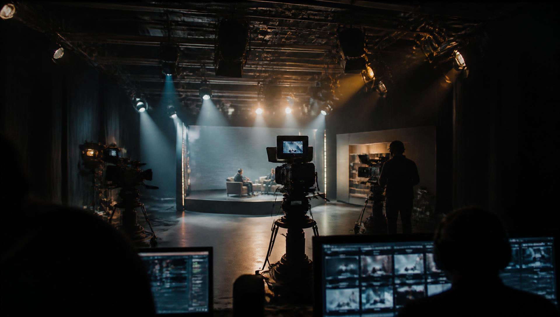 Broadcast cameras and lighting rigs on a professionally lit television studio floor during a recording